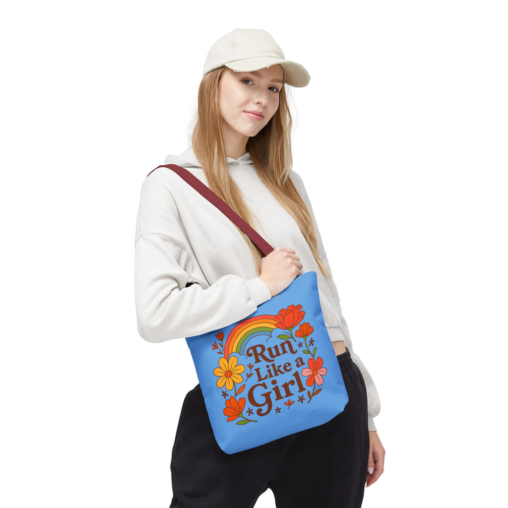 “Run Like a Girl” Floral Rainbow Tote Bag — Motivational Running Canvas Tote