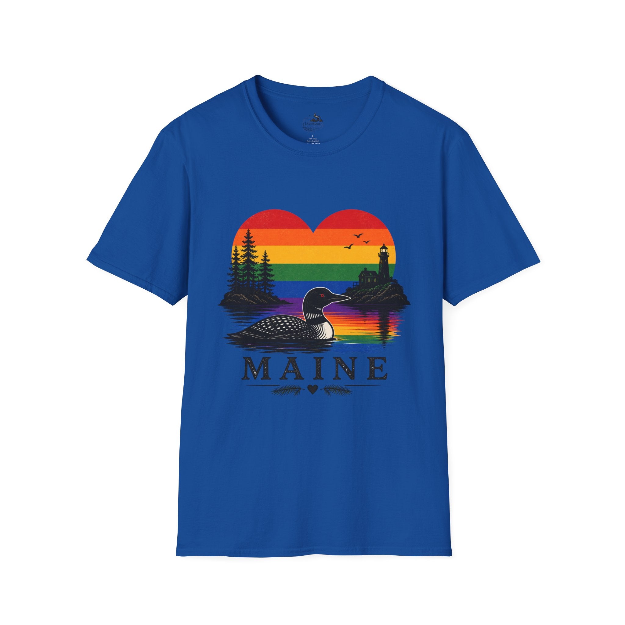 Maine Sunset Heart T-Shirt — Rainbow Coastal Lighthouse & Loon Design