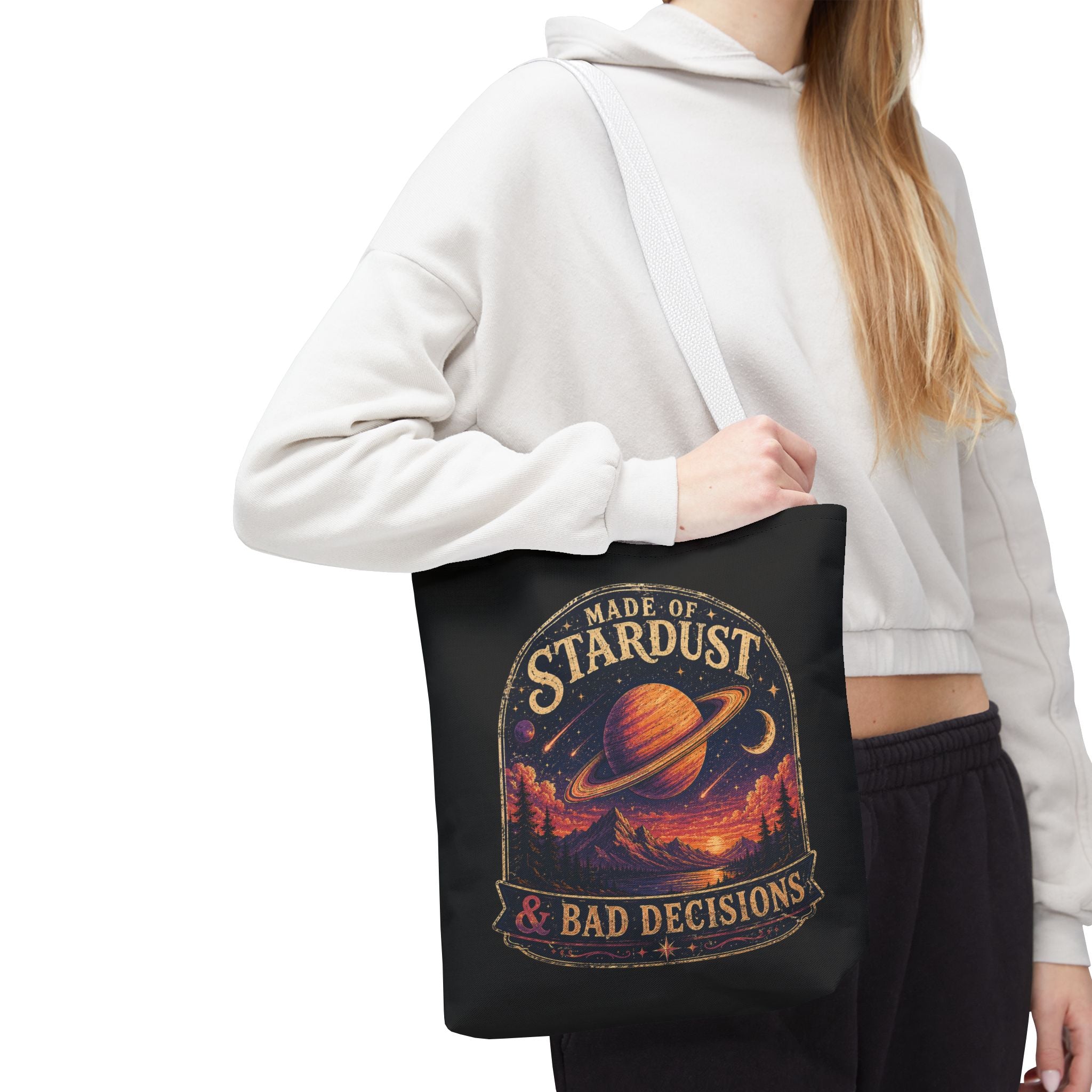 “Made of Stardust & Bad Decisions” Tote Bag — Retro Planet Graphic Tote
