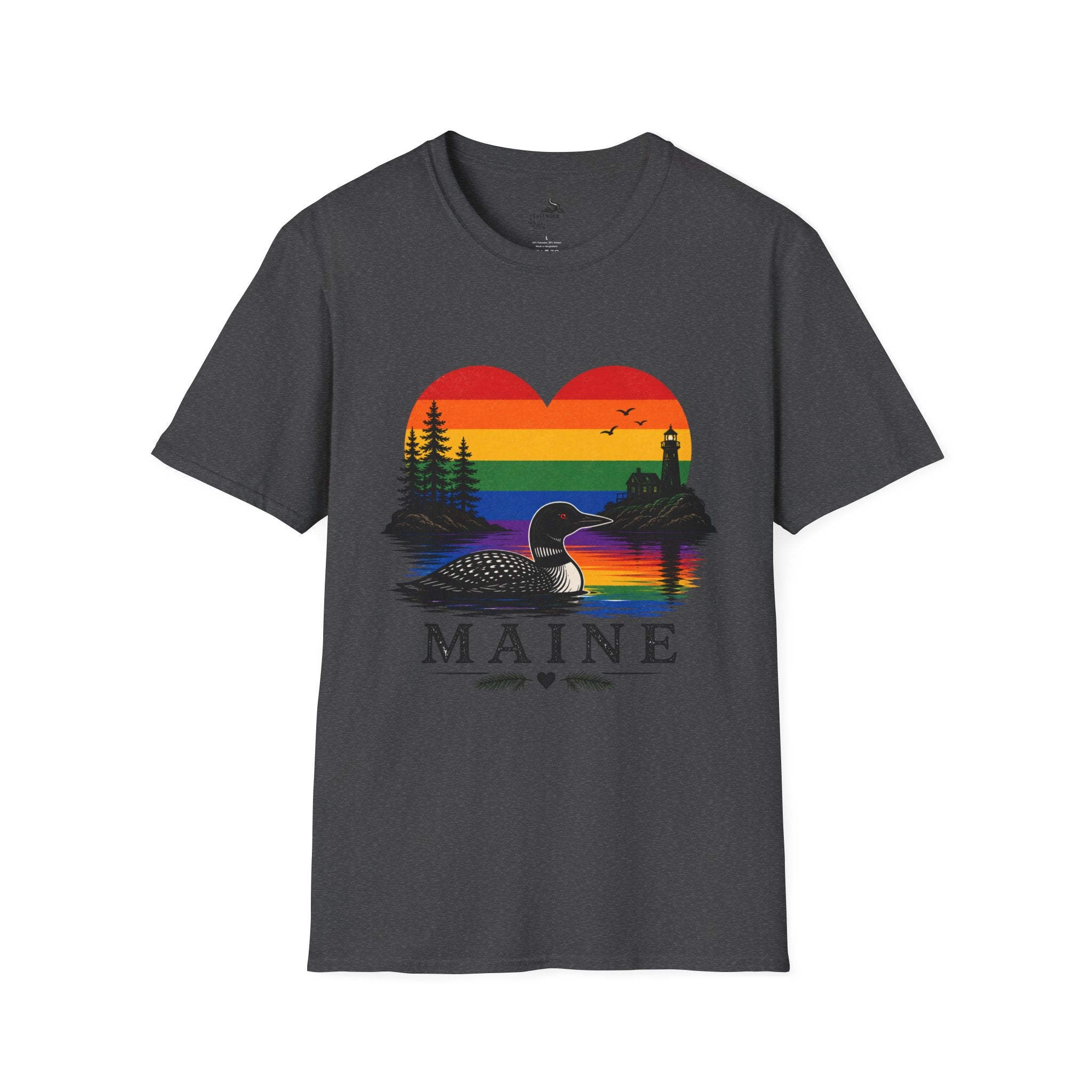 Maine Sunset Heart T-Shirt — Rainbow Coastal Lighthouse & Loon Design
