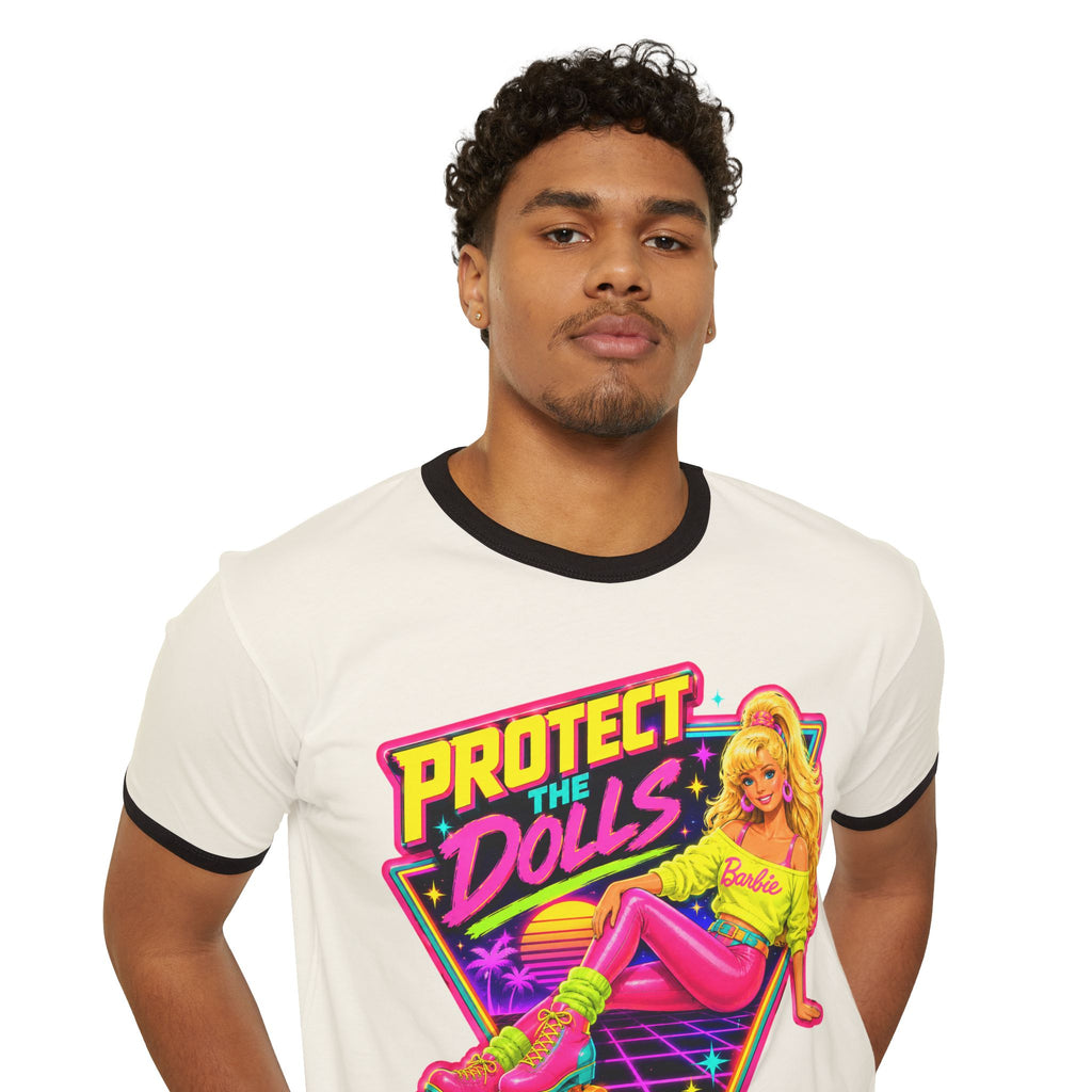 “Protect the Dolls” Trans Ally Ringer T-Shirt — Retro Neon Roller Girl Tee
