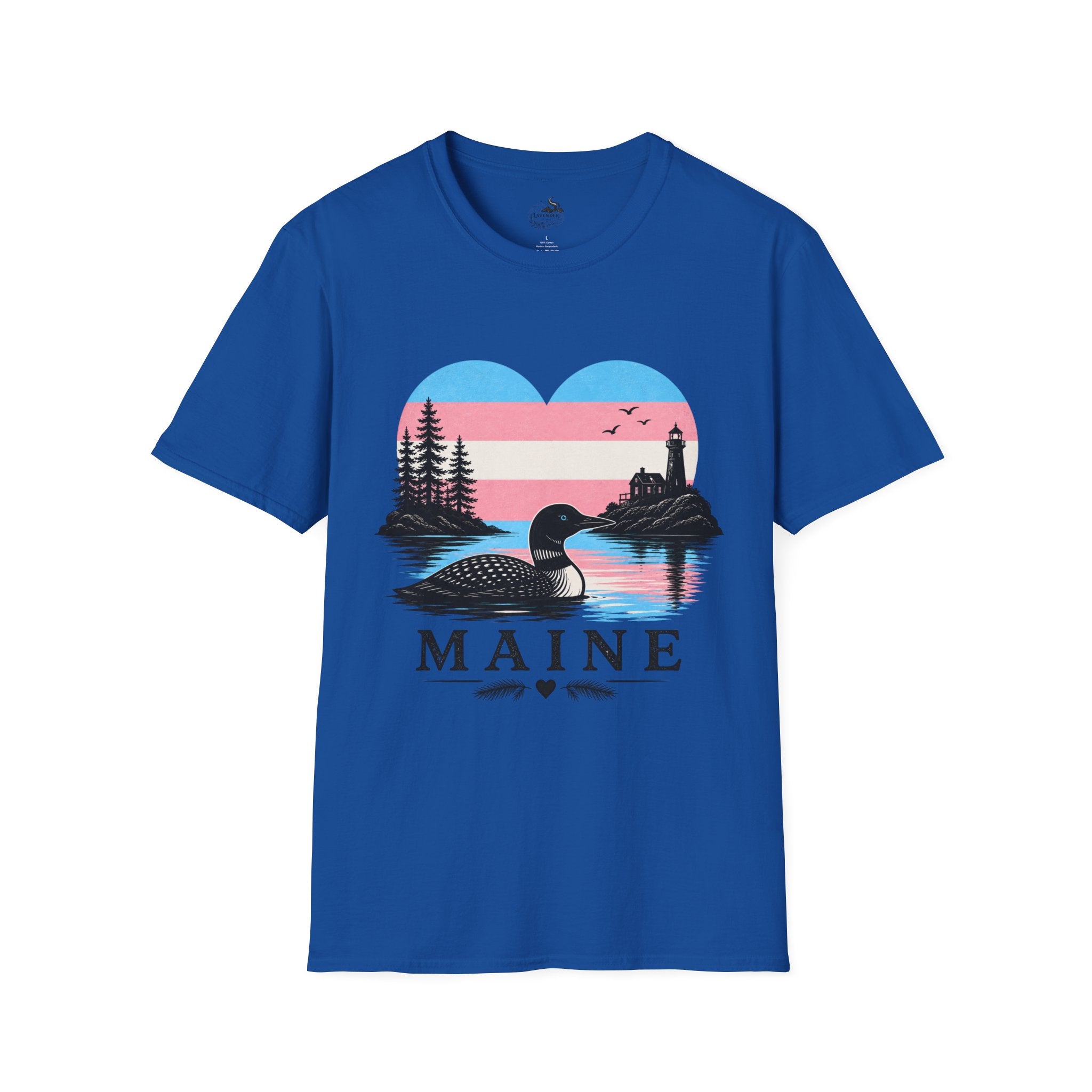 Maine Trans Flag Heart T‑Shirt — Coastal Loon & Lighthouse Graphic