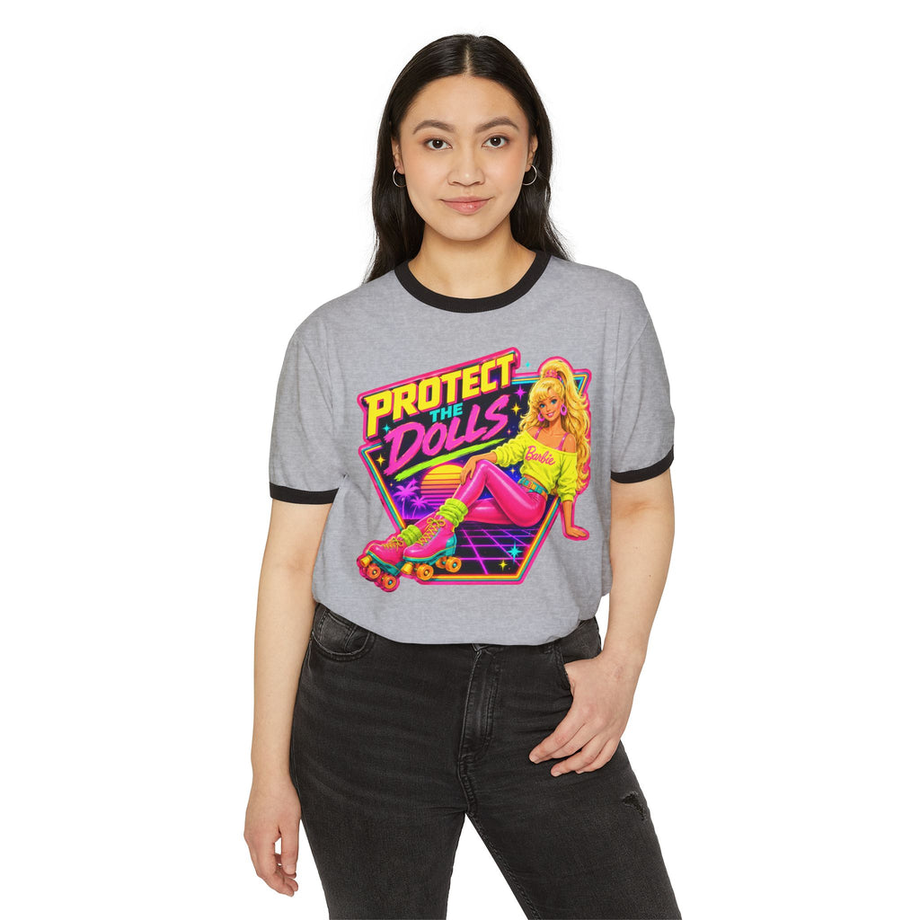 “Protect the Dolls” Trans Ally Ringer T-Shirt — Retro Neon Roller Girl Tee