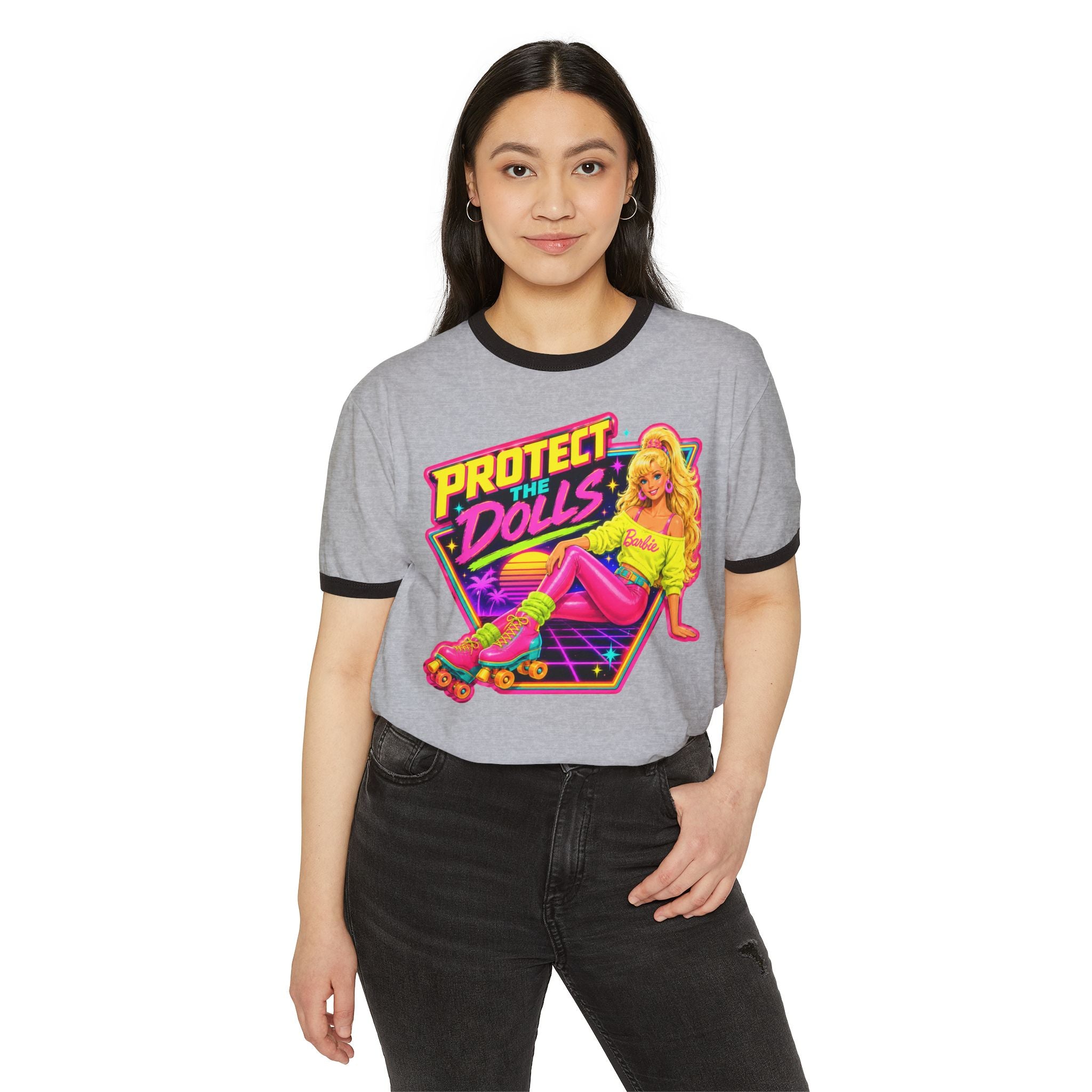 “Protect the Dolls” Trans Ally Ringer T-Shirt — Retro Neon Roller Girl Tee