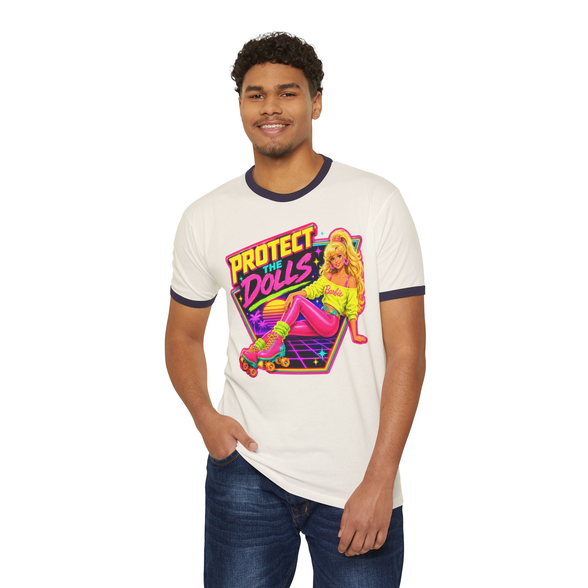 “Protect the Dolls” Trans Ally Ringer T-Shirt — Retro Neon Roller Girl Tee