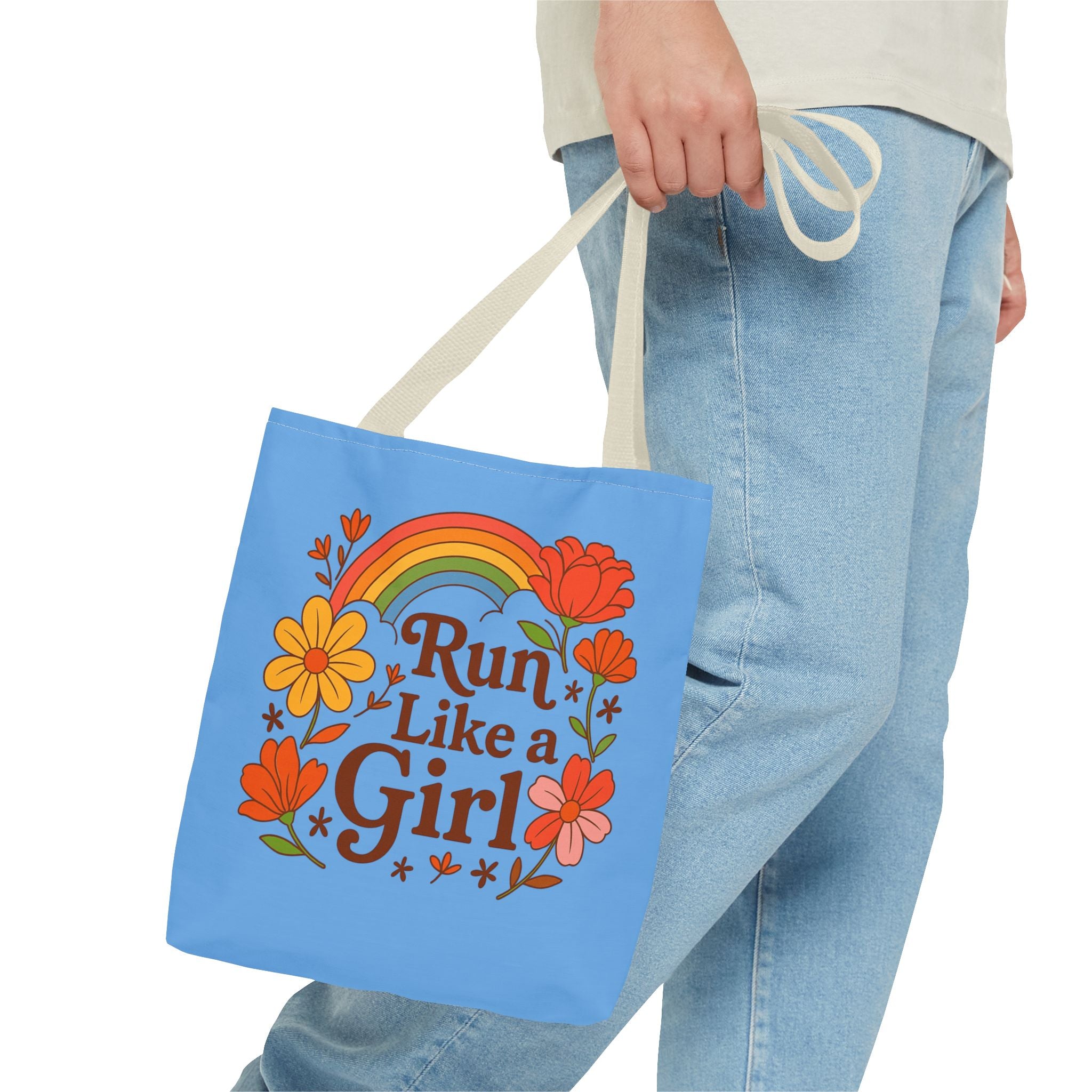 “Run Like a Girl” Floral Rainbow Tote Bag — Motivational Running Canvas Tote