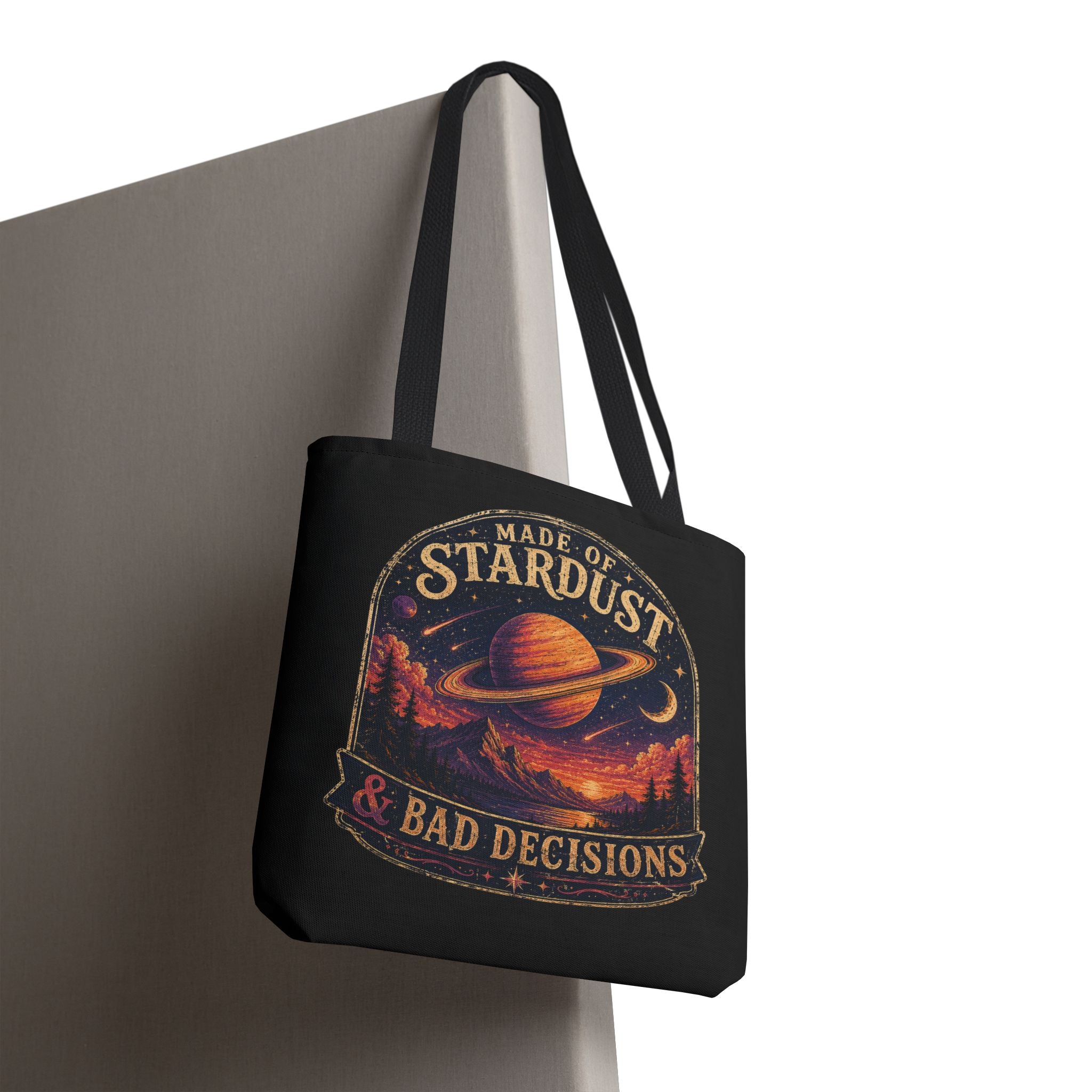 “Made of Stardust & Bad Decisions” Tote Bag — Retro Planet Graphic Tote
