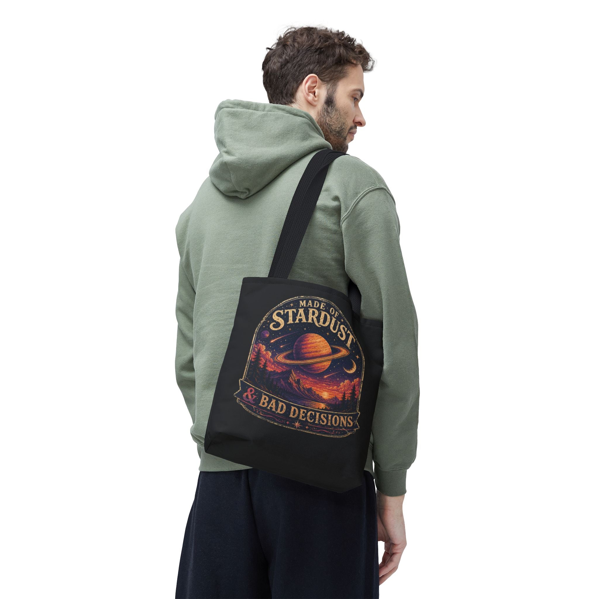 “Made of Stardust & Bad Decisions” Tote Bag — Retro Planet Graphic Tote