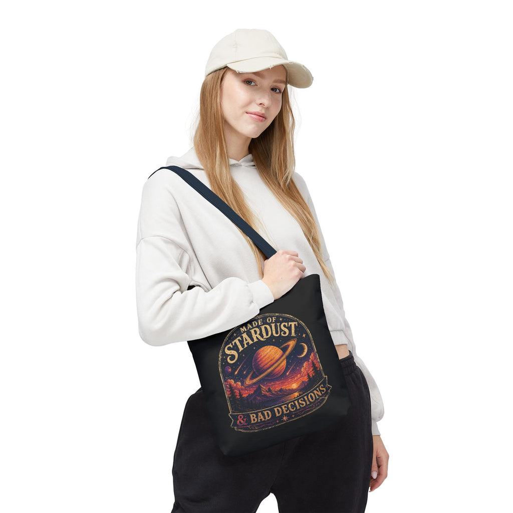 “Made of Stardust & Bad Decisions” Tote Bag — Retro Planet Graphic Tote