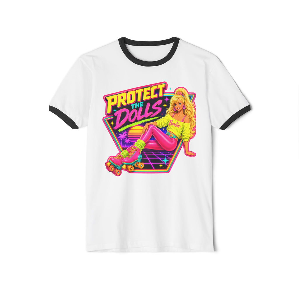 “Protect the Dolls” Trans Ally Ringer T-Shirt — Retro Neon Roller Girl Tee
