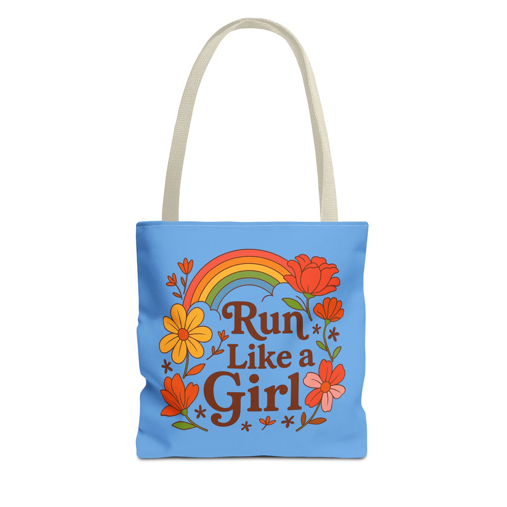 “Run Like a Girl” Floral Rainbow Tote Bag — Motivational Running Canvas Tote