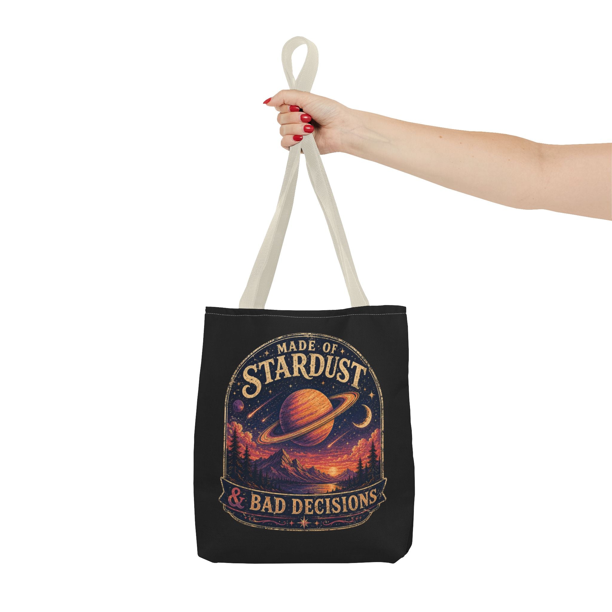 “Made of Stardust & Bad Decisions” Tote Bag — Retro Planet Graphic Tote