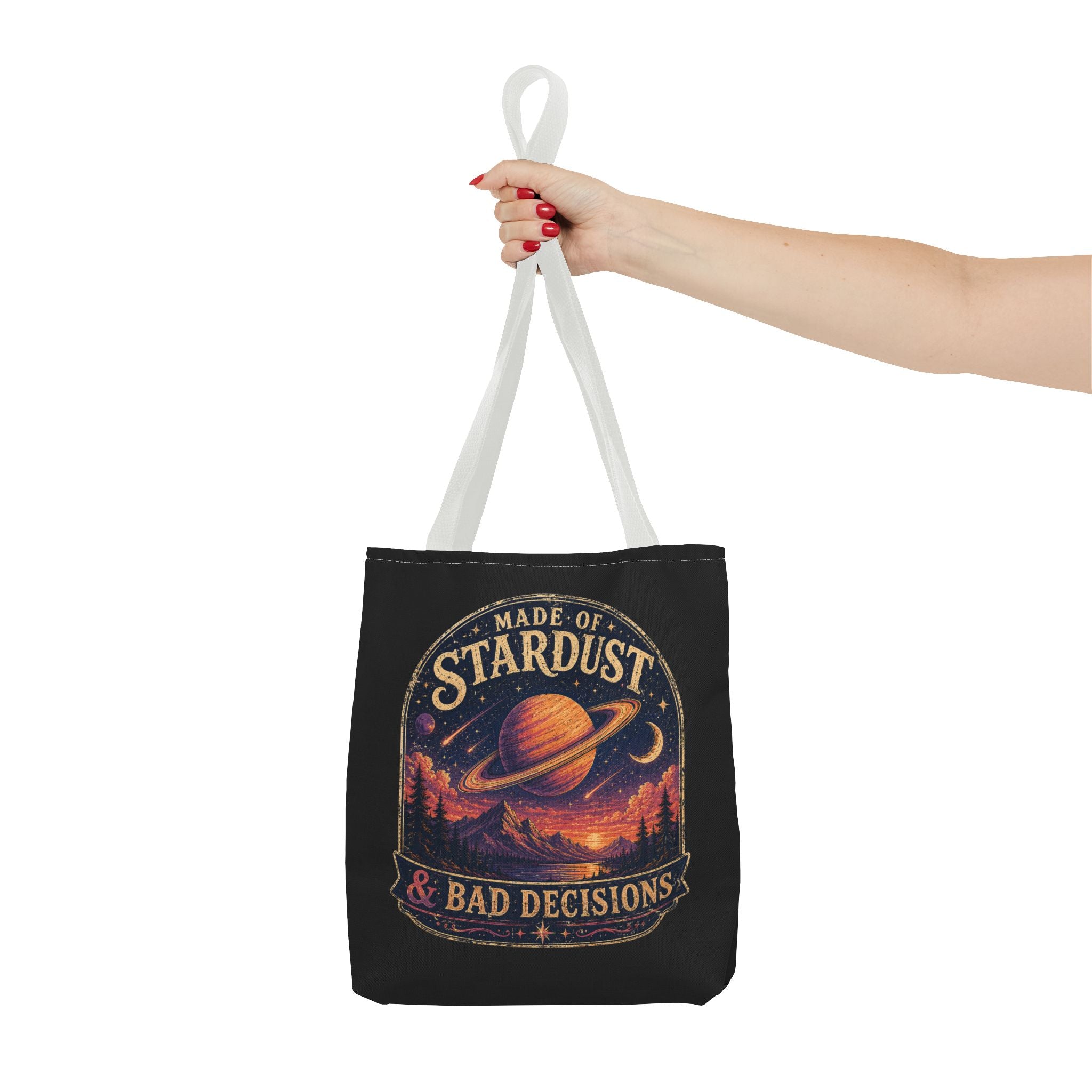 “Made of Stardust & Bad Decisions” Tote Bag — Retro Planet Graphic Tote