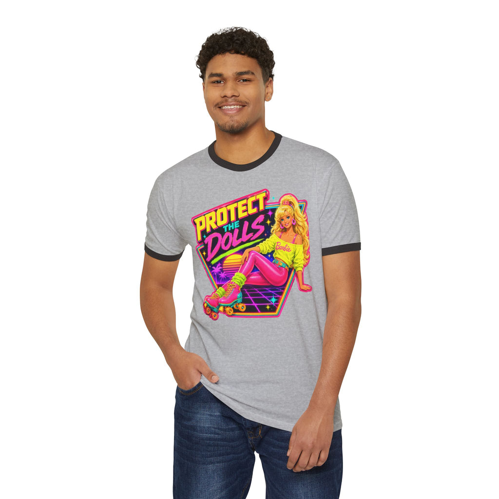 “Protect the Dolls” Trans Ally Ringer T-Shirt — Retro Neon Roller Girl Tee