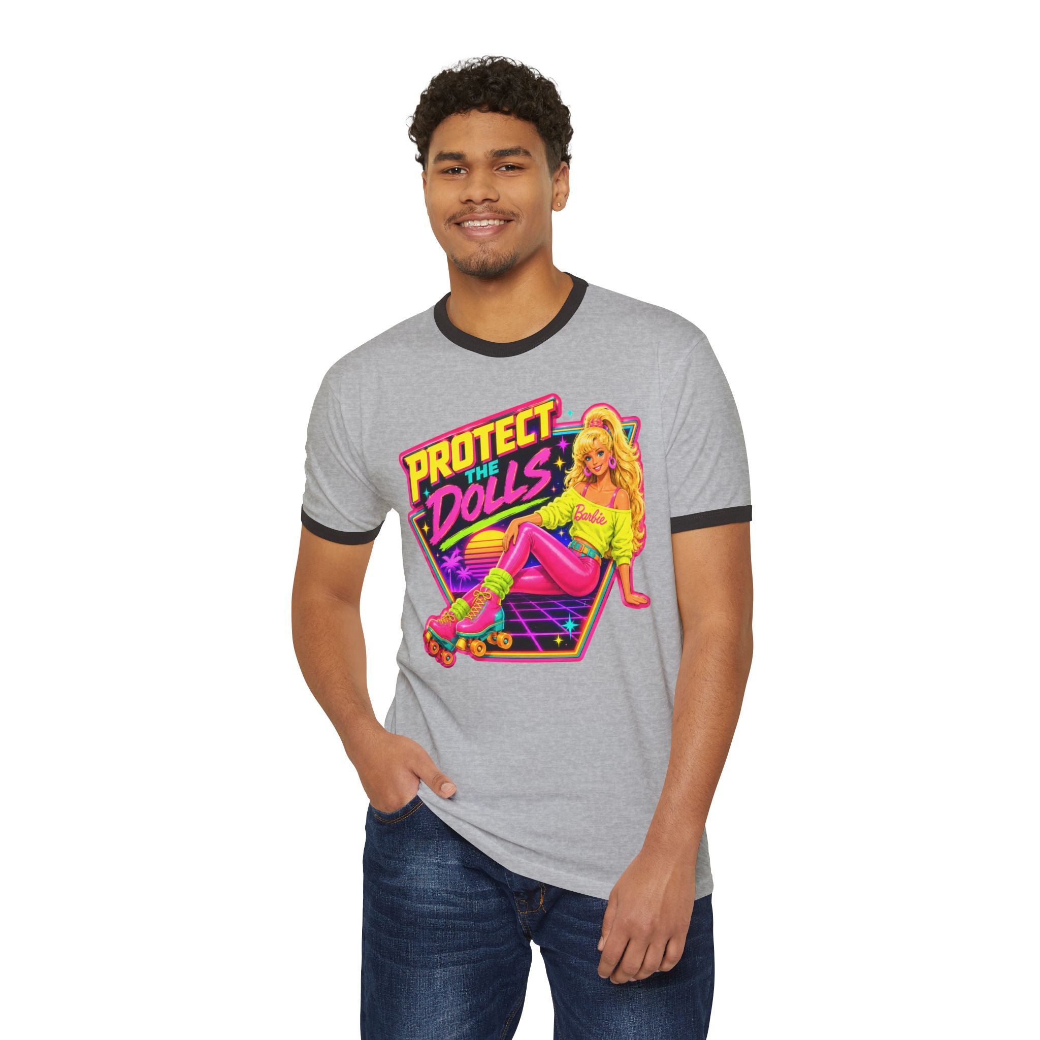 “Protect the Dolls” Trans Ally Ringer T-Shirt — Retro Neon Roller Girl Tee