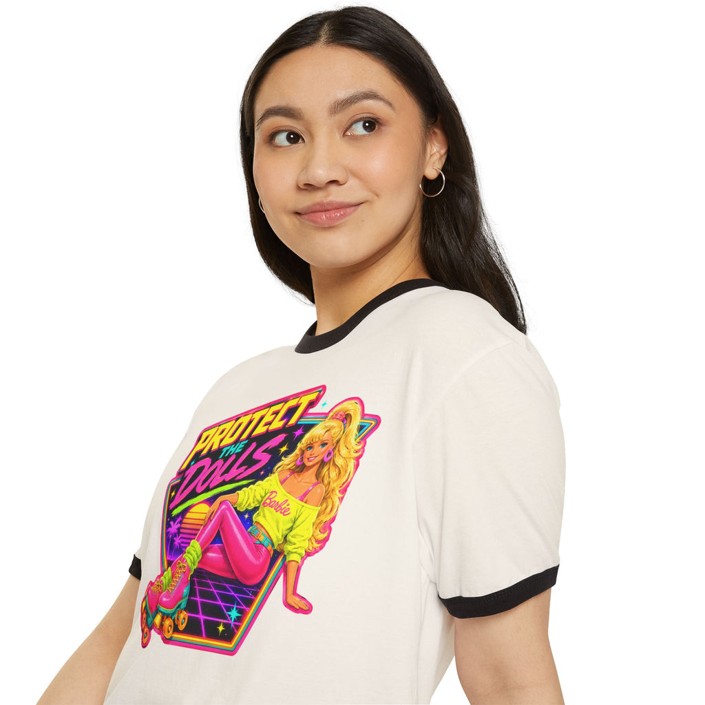 “Protect the Dolls” Trans Ally Ringer T-Shirt — Retro Neon Roller Girl Tee