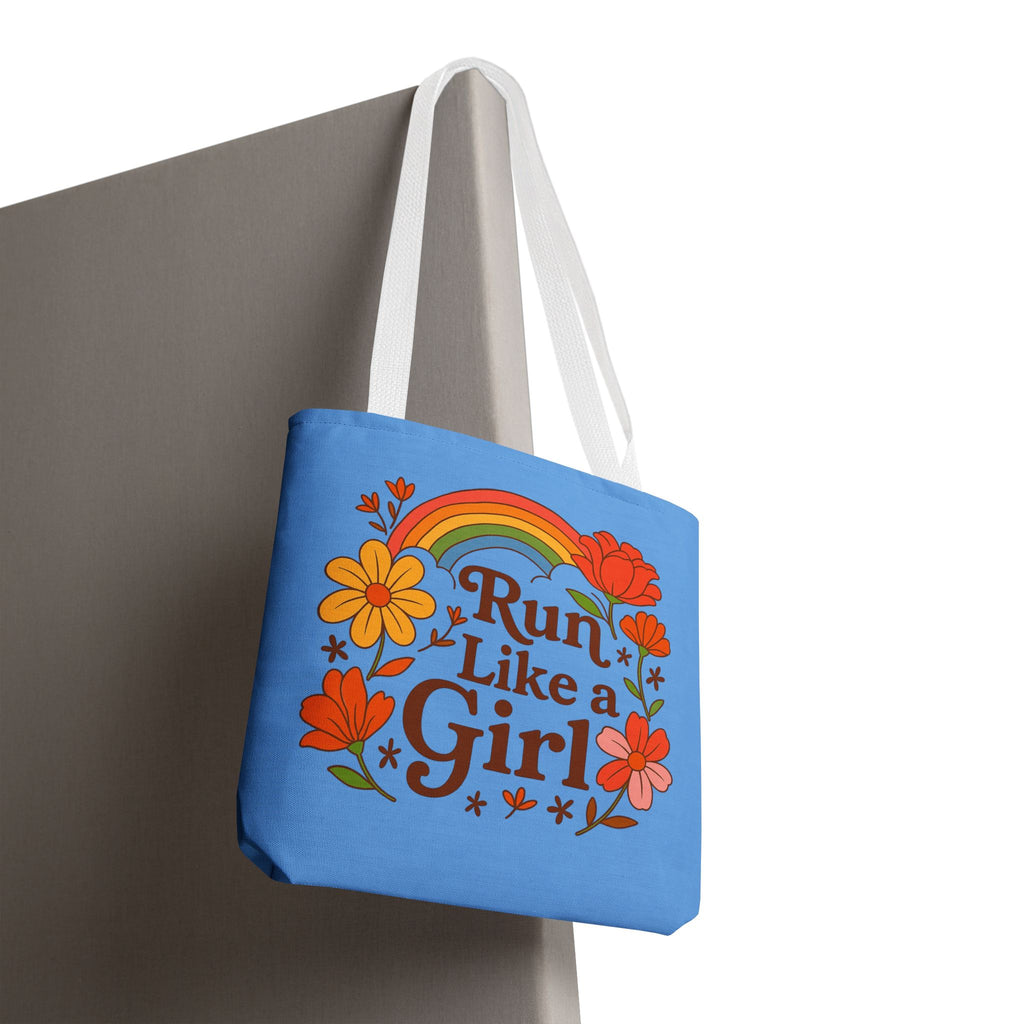 “Run Like a Girl” Floral Rainbow Tote Bag — Motivational Running Canvas Tote