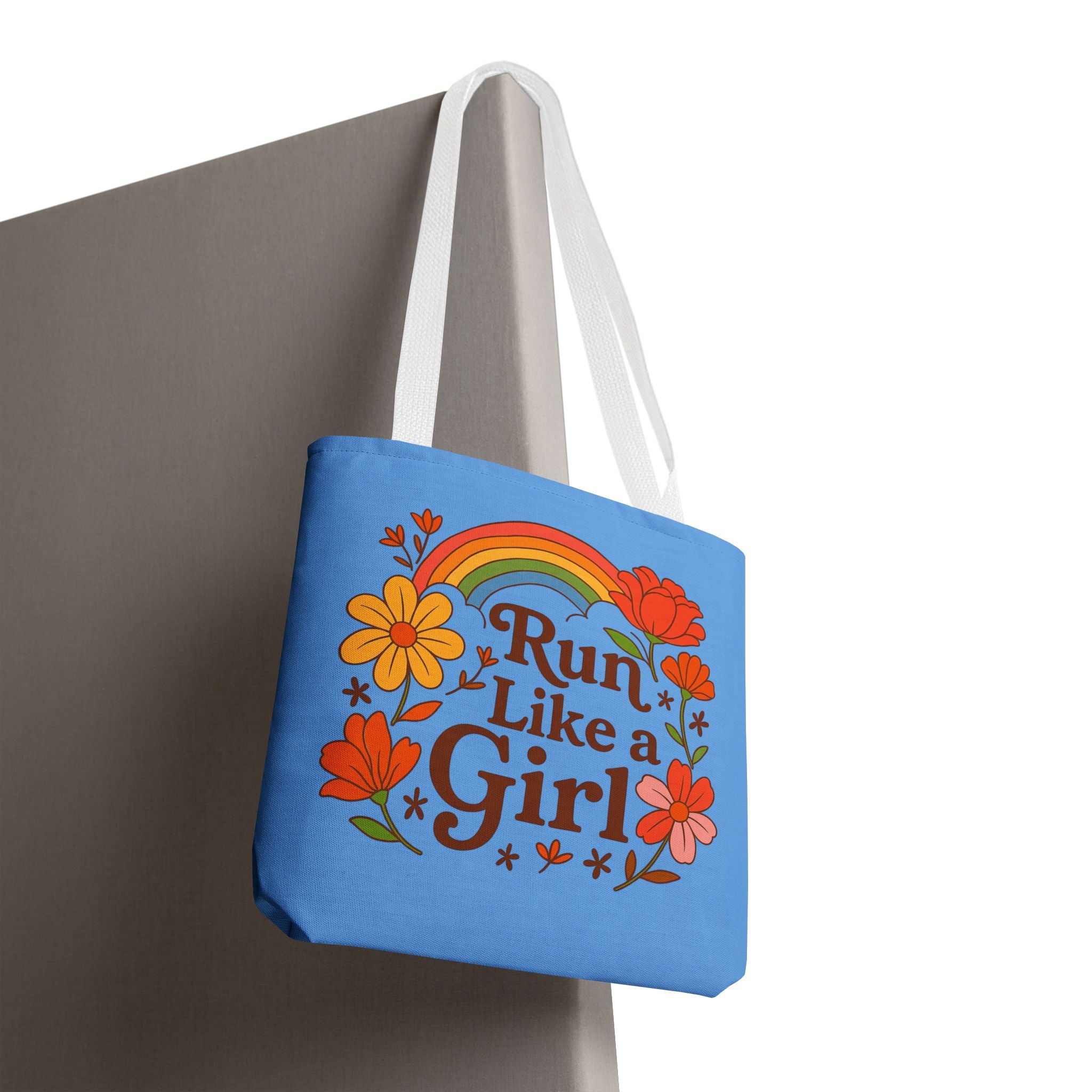 “Run Like a Girl” Floral Rainbow Tote Bag — Motivational Running Canvas Tote