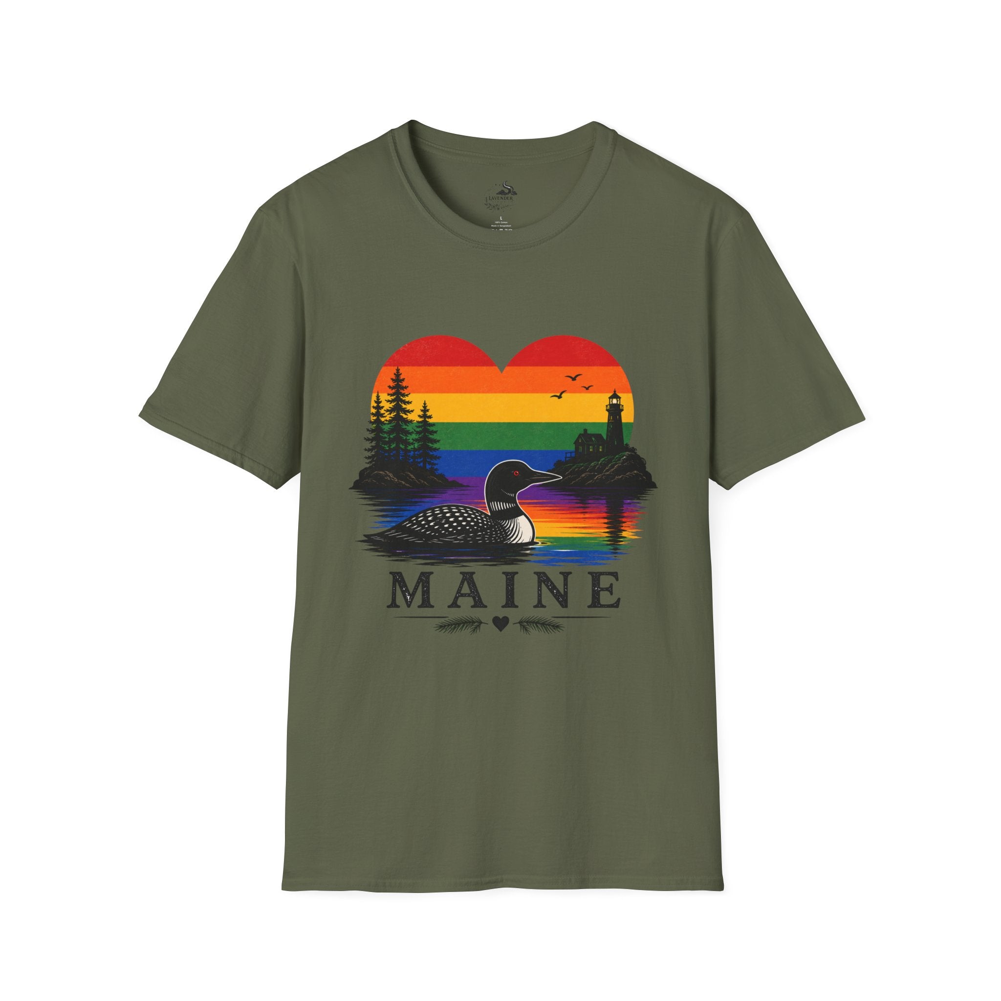 Maine Sunset Heart T-Shirt — Rainbow Coastal Lighthouse & Loon Design