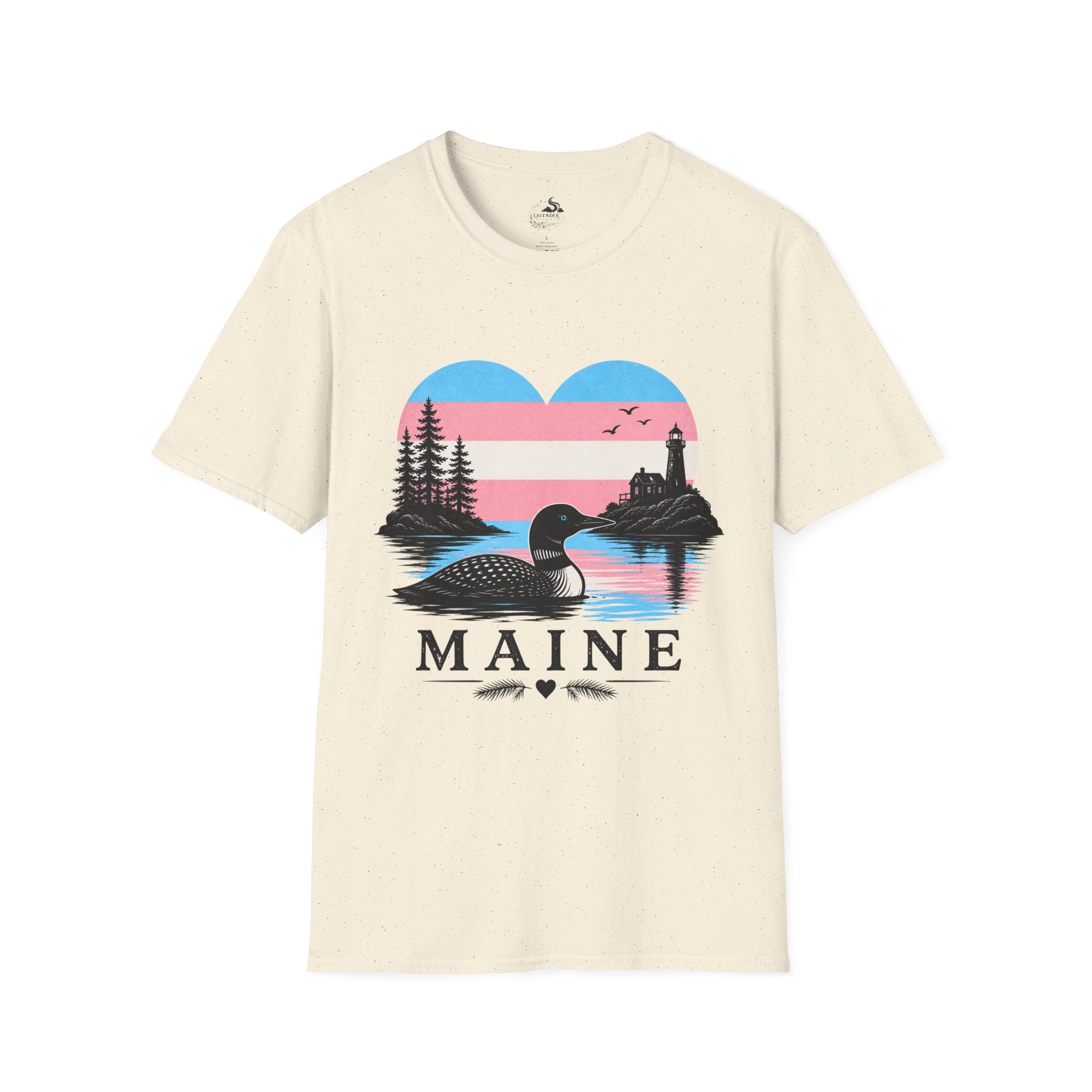 Maine Trans Flag Heart T‑Shirt — Coastal Loon & Lighthouse Graphic
