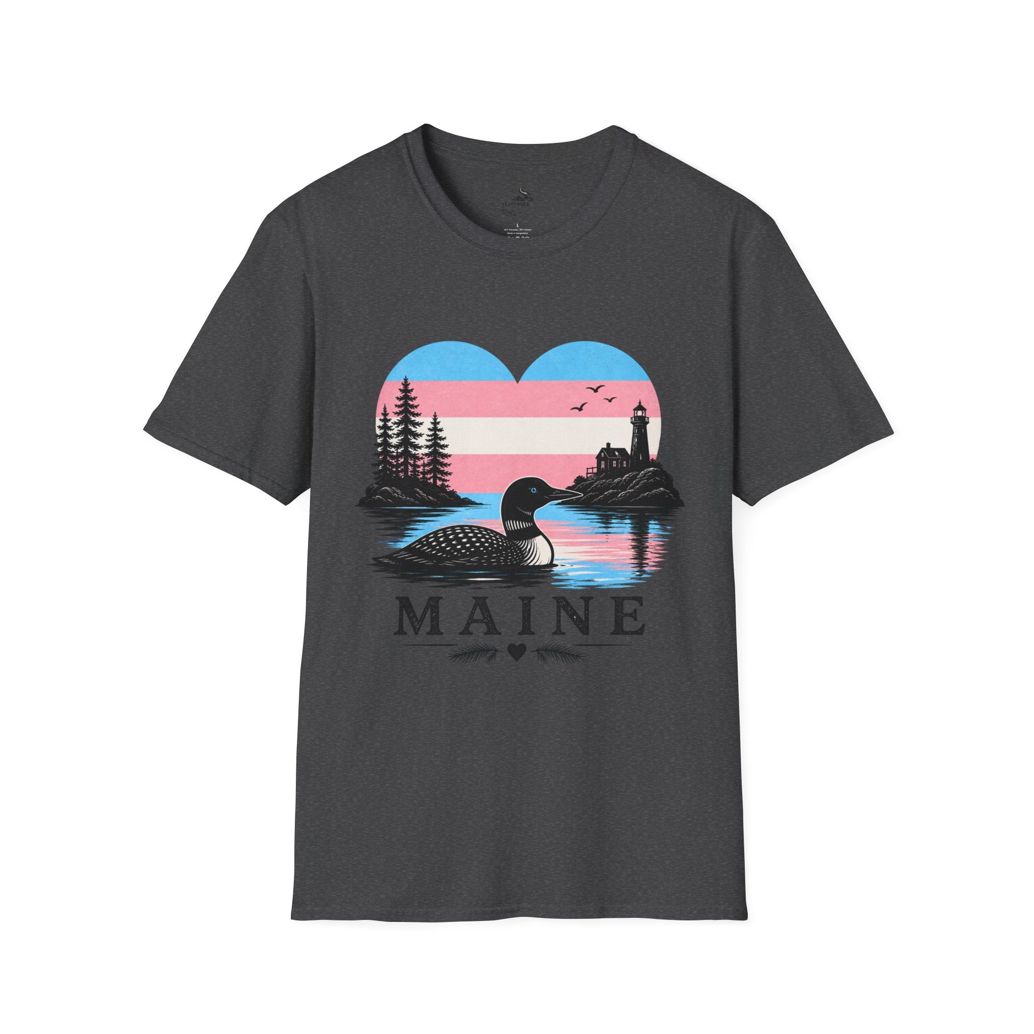 Maine Trans Flag Heart T‑Shirt — Coastal Loon & Lighthouse Graphic