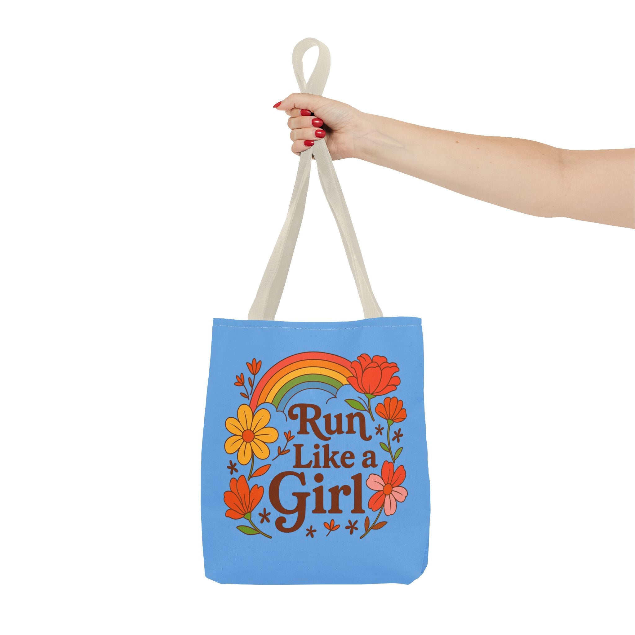 “Run Like a Girl” Floral Rainbow Tote Bag — Motivational Running Canvas Tote