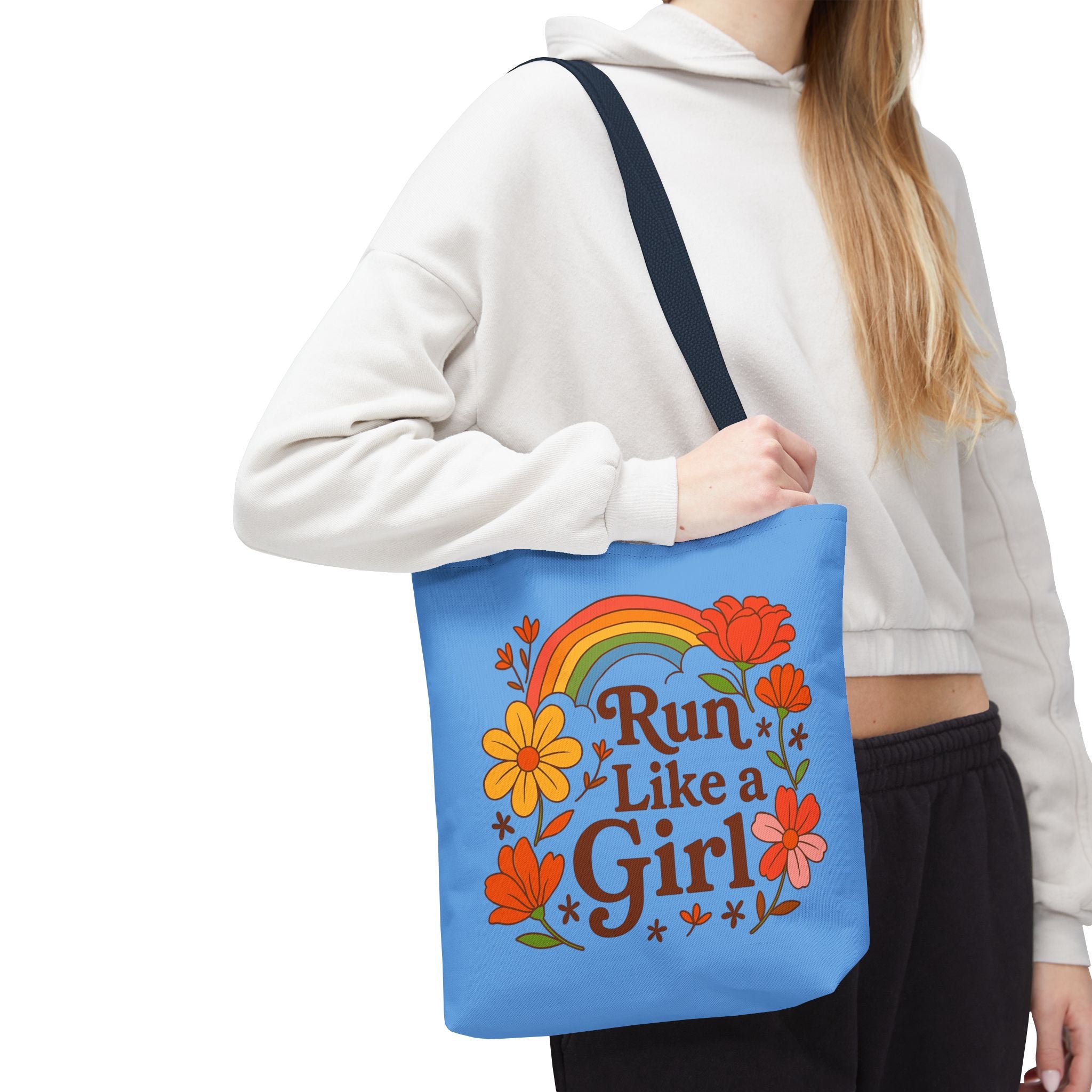 “Run Like a Girl” Floral Rainbow Tote Bag — Motivational Running Canvas Tote