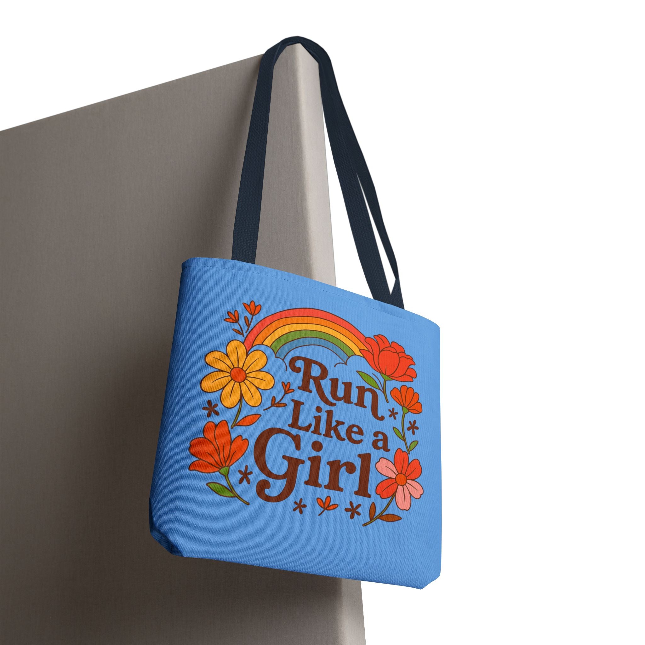 “Run Like a Girl” Floral Rainbow Tote Bag — Motivational Running Canvas Tote