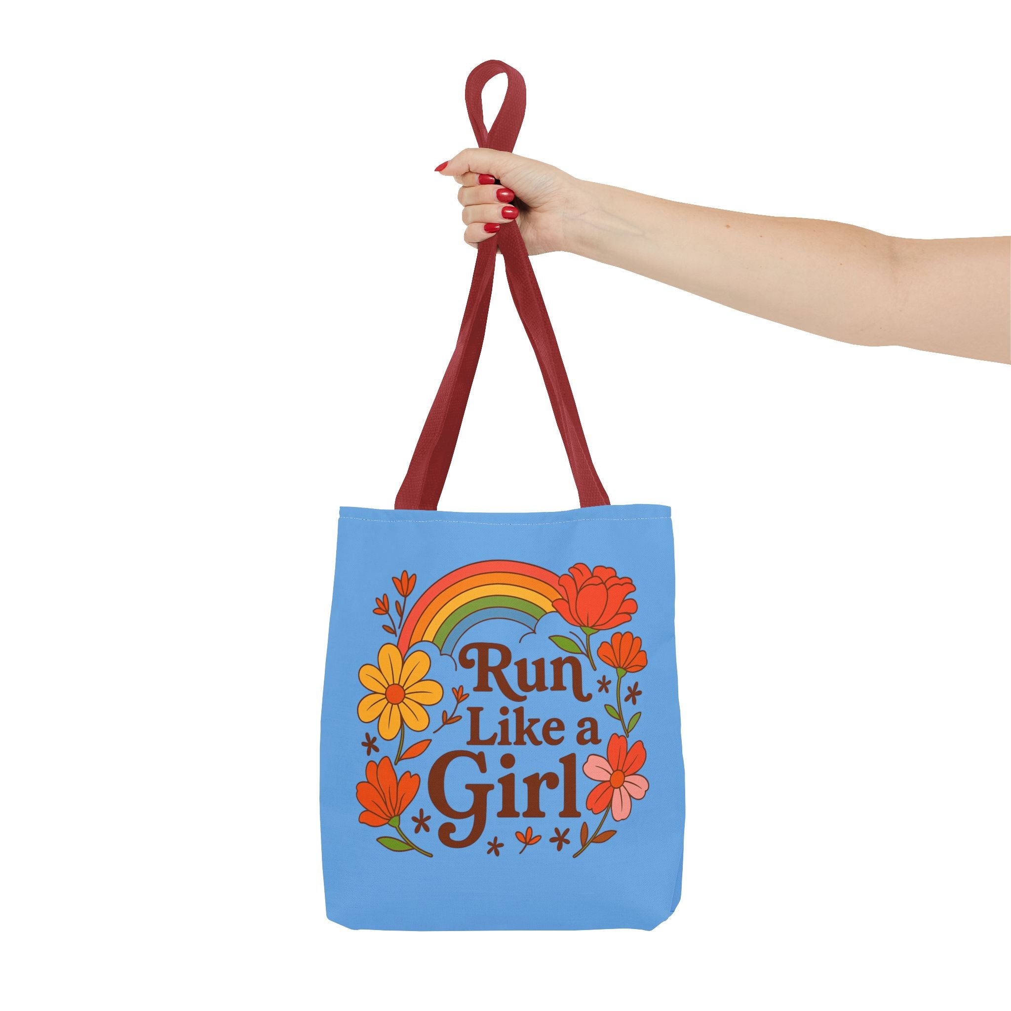 “Run Like a Girl” Floral Rainbow Tote Bag — Motivational Running Canvas Tote