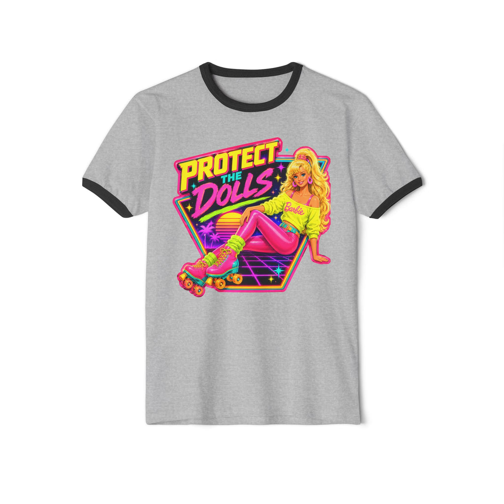 “Protect the Dolls” Trans Ally Ringer T-Shirt — Retro Neon Roller Girl Tee
