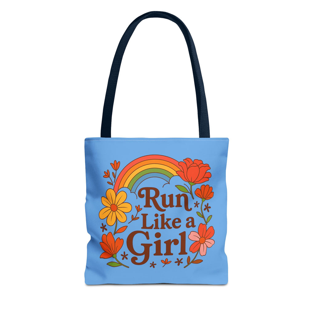 “Run Like a Girl” Floral Rainbow Tote Bag — Motivational Running Canvas Tote