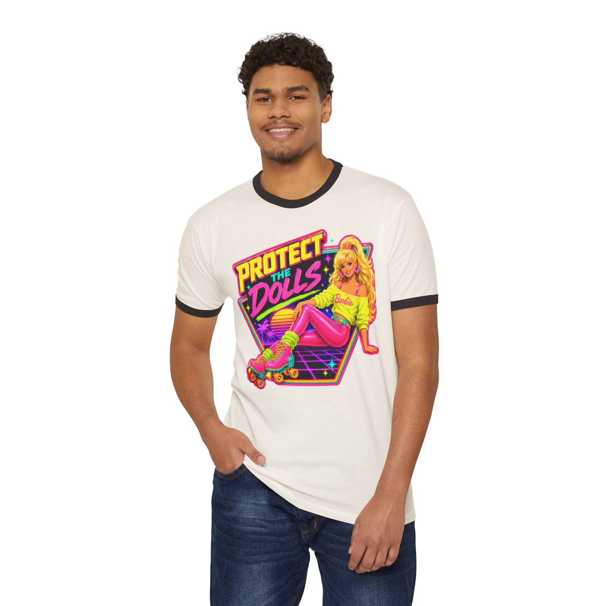 “Protect the Dolls” Trans Ally Ringer T-Shirt — Retro Neon Roller Girl Tee
