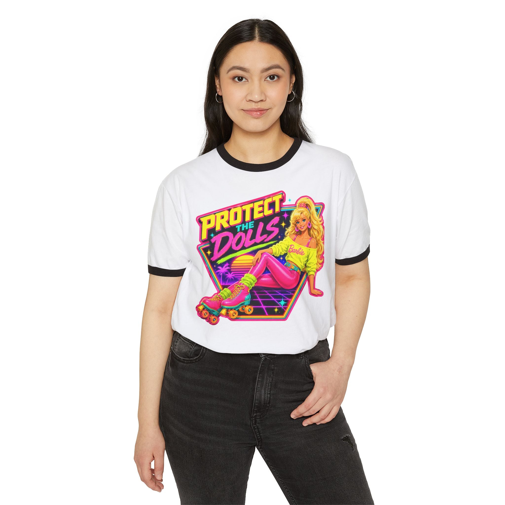 “Protect the Dolls” Trans Ally Ringer T-Shirt — Retro Neon Roller Girl Tee