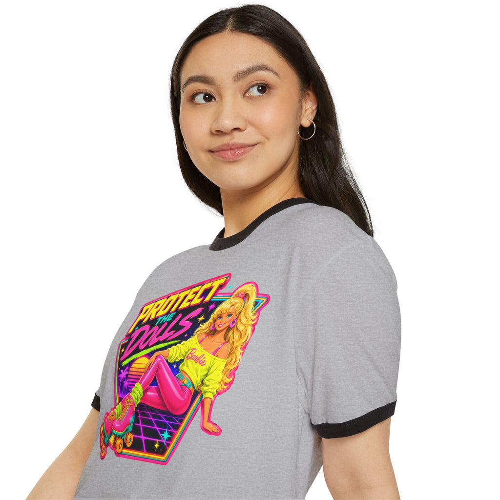 “Protect the Dolls” Trans Ally Ringer T-Shirt — Retro Neon Roller Girl Tee