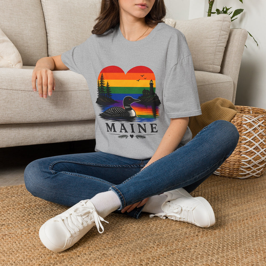 Maine Sunset Heart T-Shirt — Rainbow Coastal Lighthouse & Loon Design