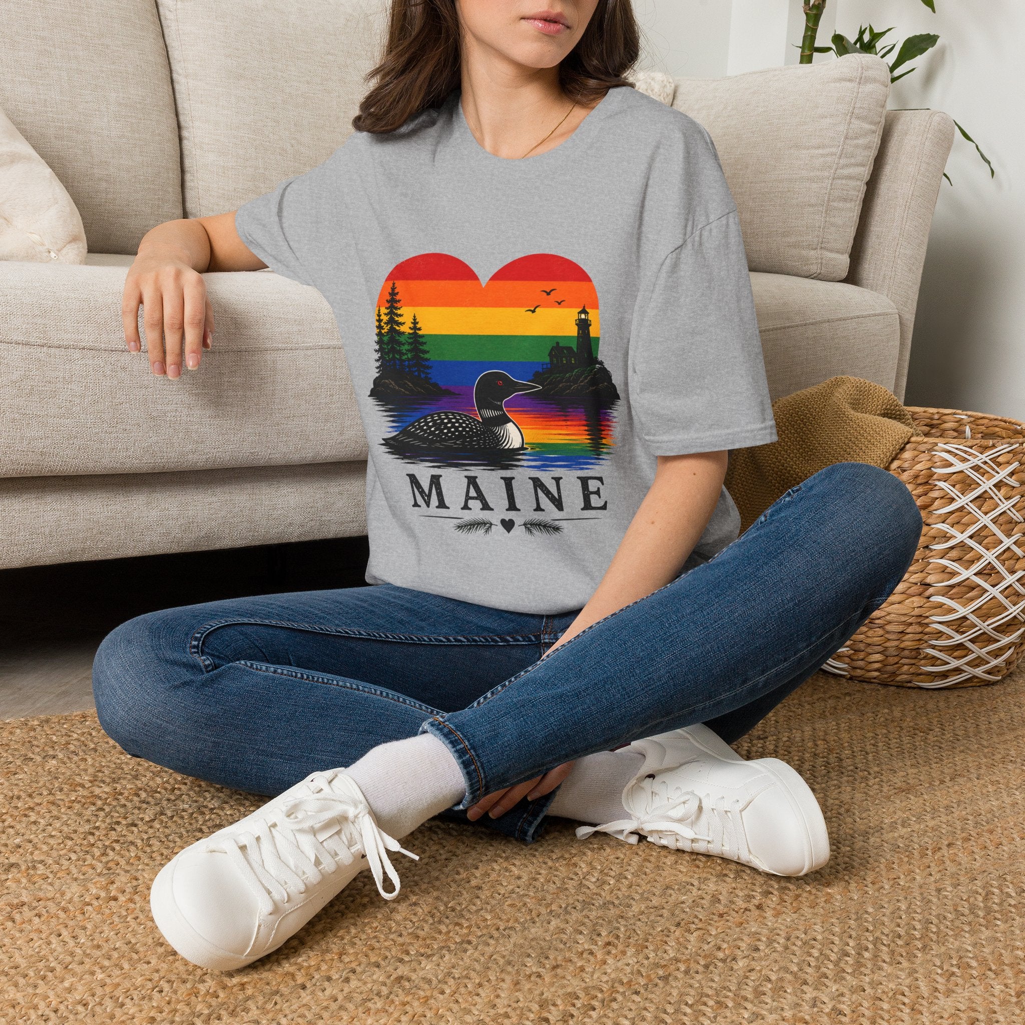 Maine Sunset Heart T-Shirt — Rainbow Coastal Lighthouse & Loon Design