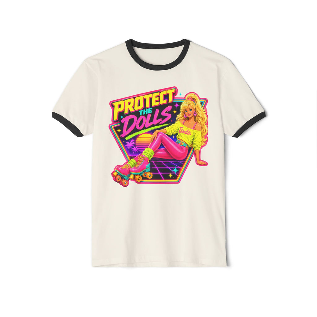 “Protect the Dolls” Trans Ally Ringer T-Shirt — Retro Neon Roller Girl Tee