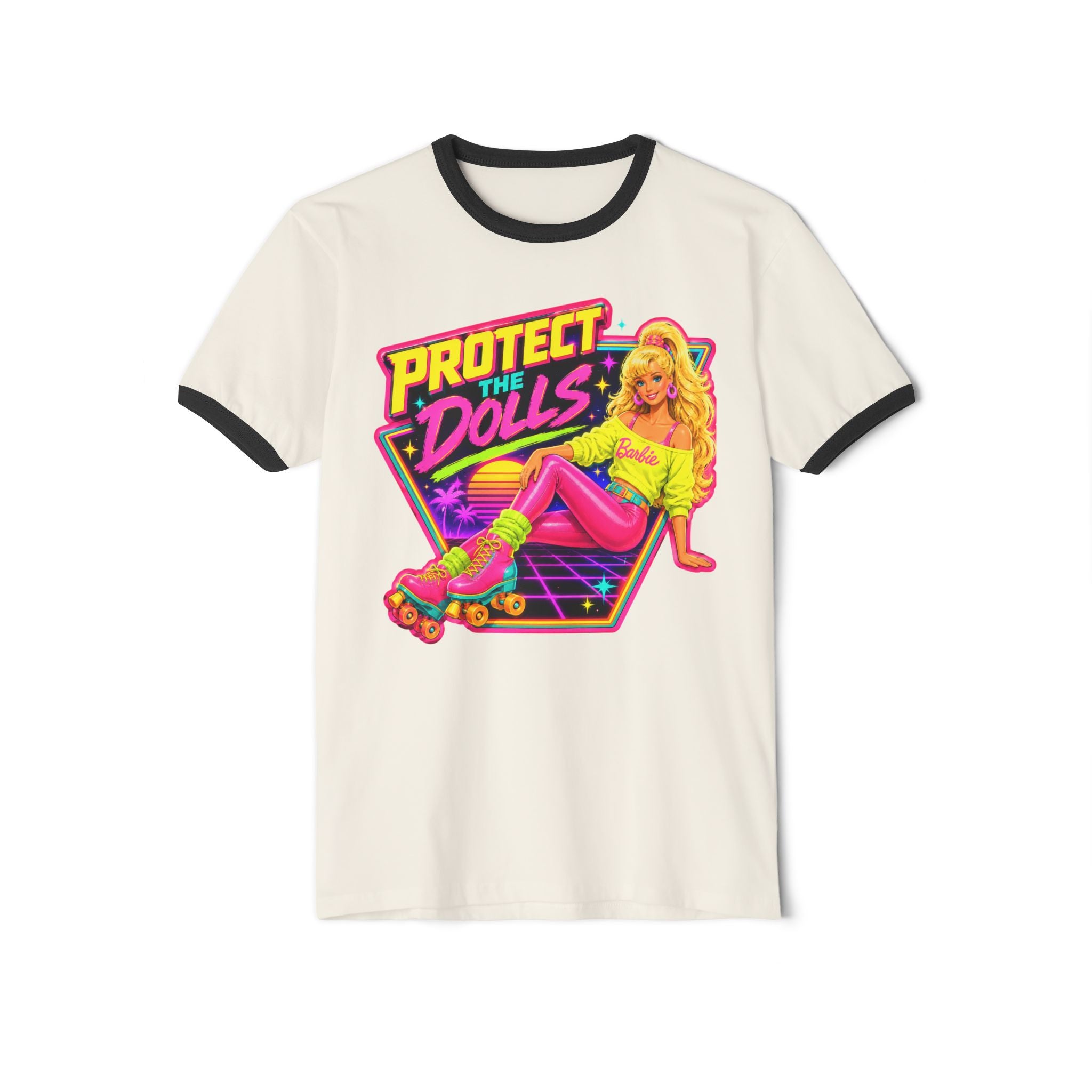 “Protect the Dolls” Trans Ally Ringer T-Shirt — Retro Neon Roller Girl Tee