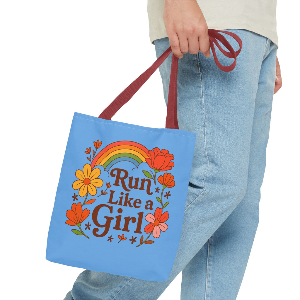 “Run Like a Girl” Floral Rainbow Tote Bag — Motivational Running Canvas Tote