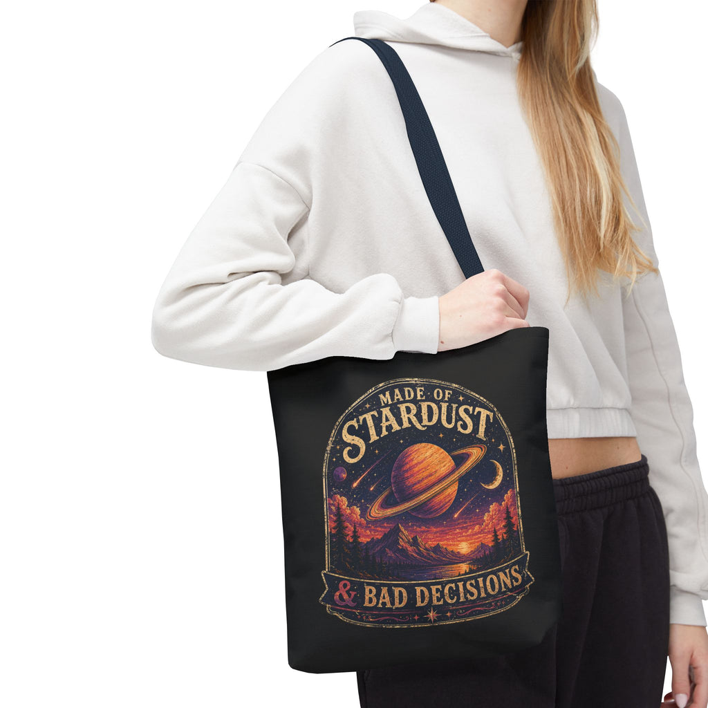 “Made of Stardust & Bad Decisions” Tote Bag — Retro Planet Graphic Tote