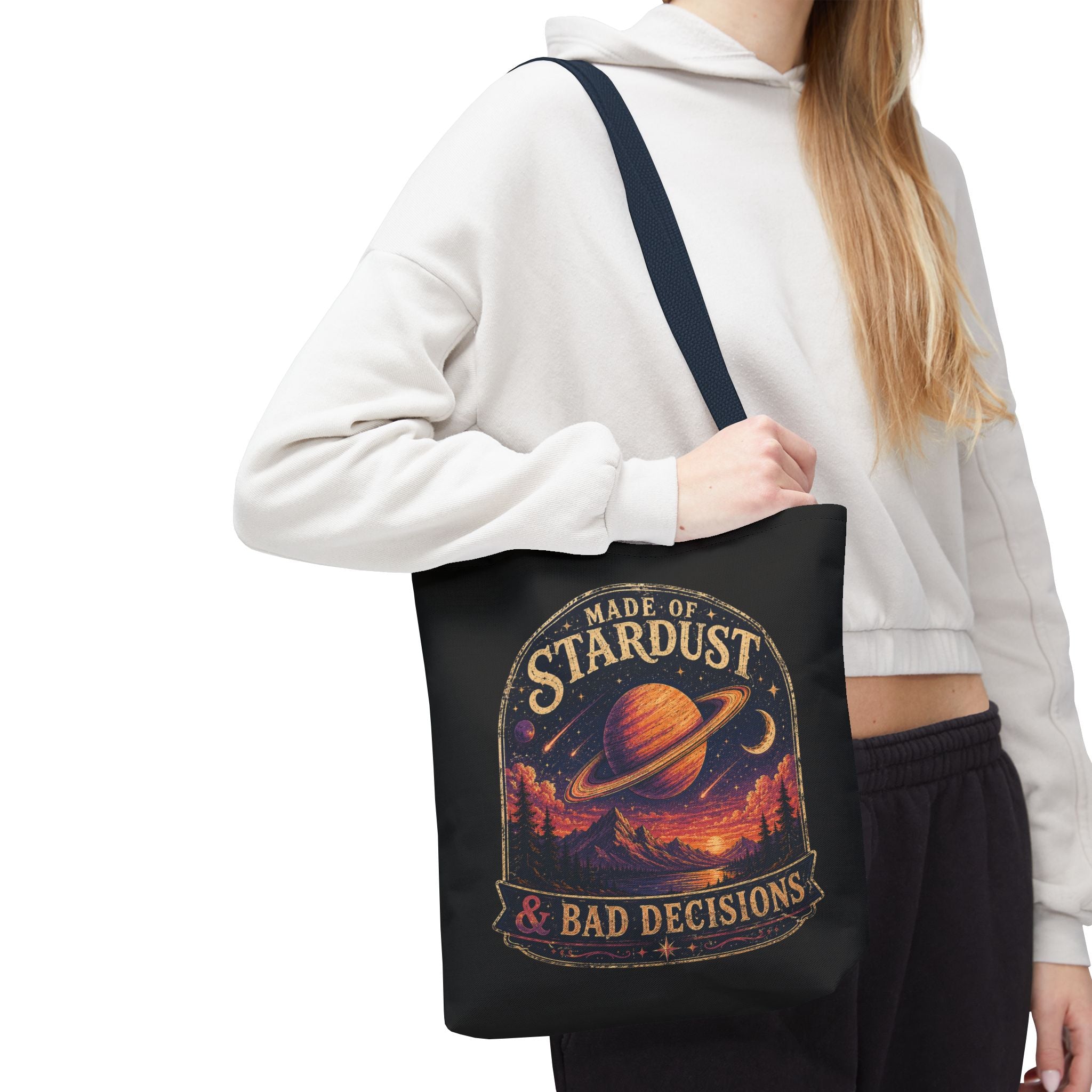 “Made of Stardust & Bad Decisions” Tote Bag — Retro Planet Graphic Tote