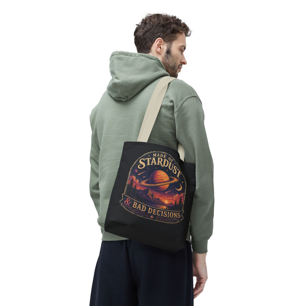 “Made of Stardust & Bad Decisions” Tote Bag — Retro Planet Graphic Tote