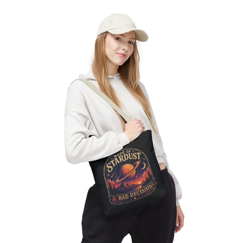 “Made of Stardust & Bad Decisions” Tote Bag — Retro Planet Graphic Tote