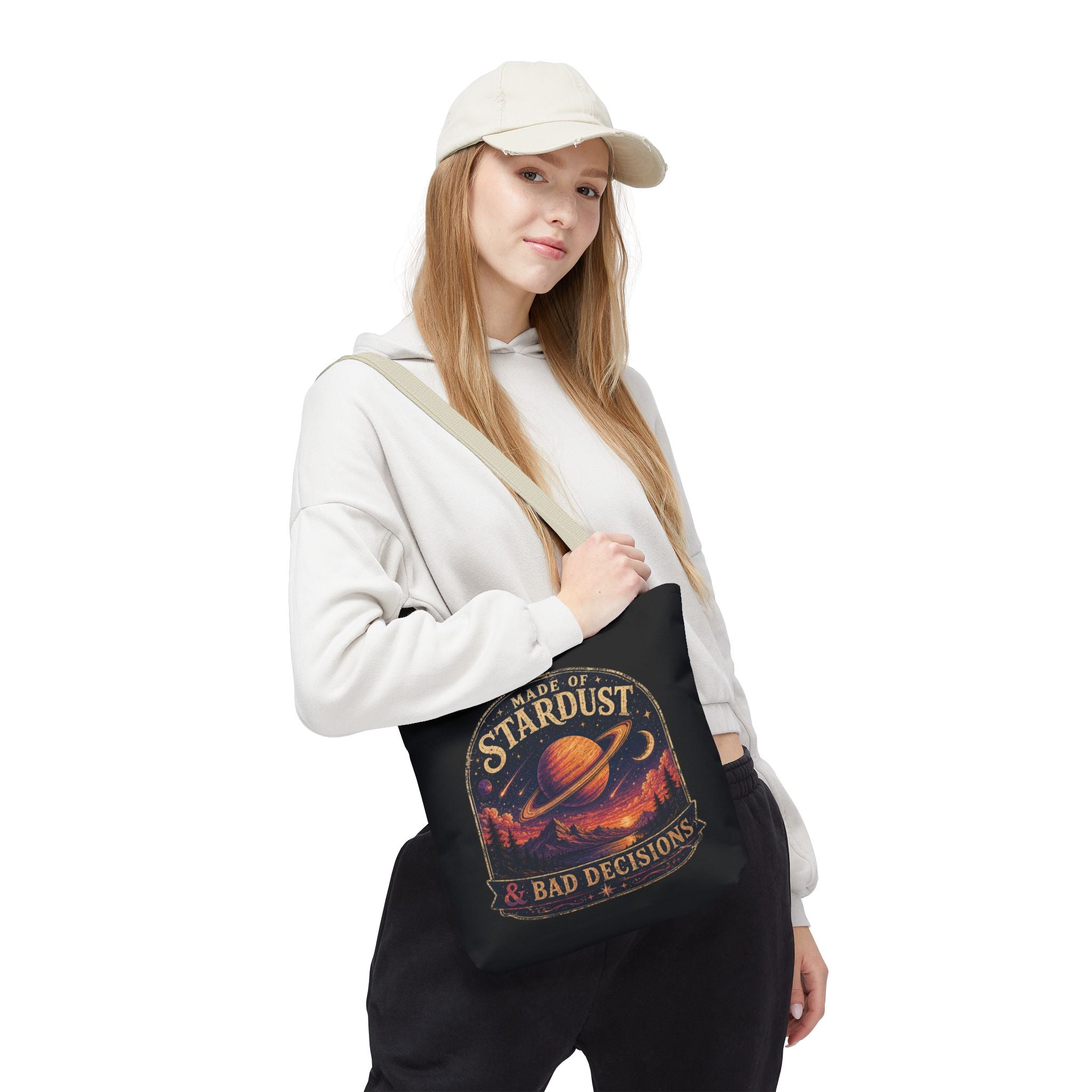 “Made of Stardust & Bad Decisions” Tote Bag — Retro Planet Graphic Tote