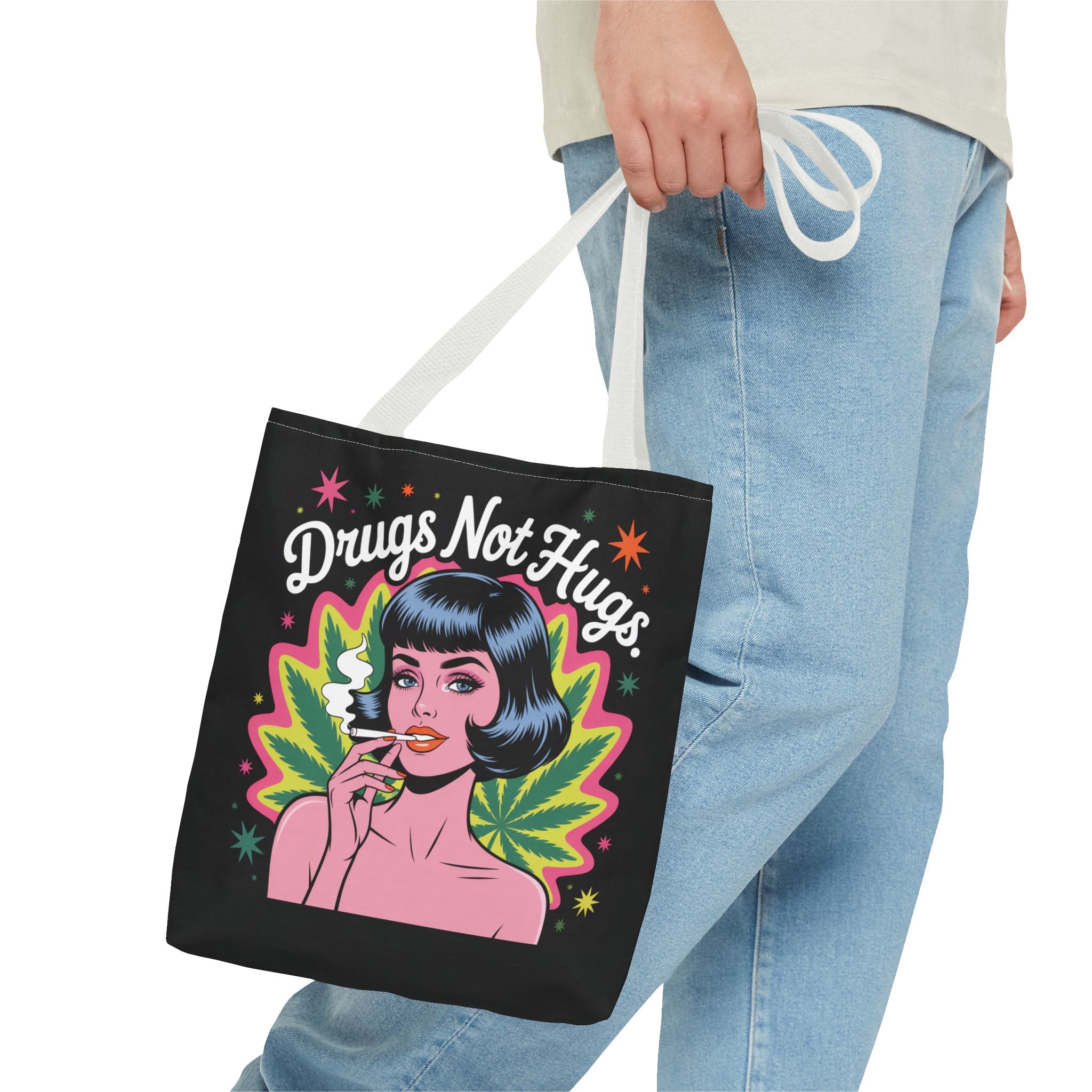 “Drugs Not Hugs” Retro Pin-Up Cannabis Graphic Tote